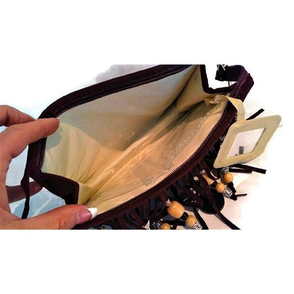 CROSSBODY BROWN Fringed Purse BOHEMIAN Luxury Gold Chain Charms Flower Gypsy NEW - Picture 11 of 15